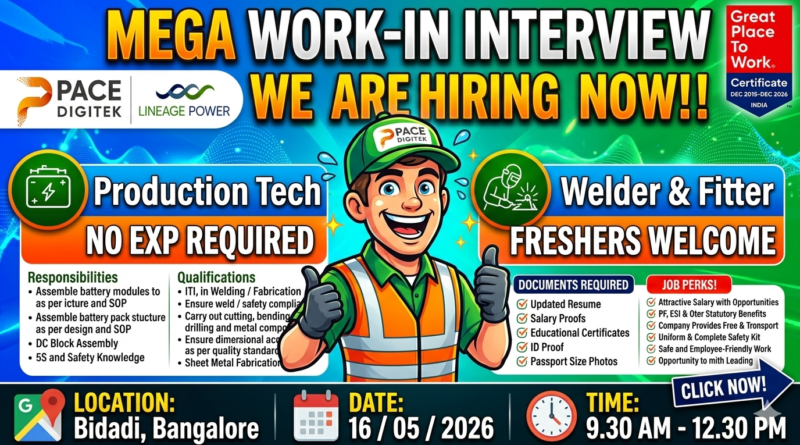 Mega Walk-In Interview: Lineage Power (Pace Digitek) Hiring ITI & Diploma Candidates | Bidadi, Bangalore