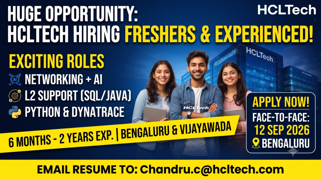 HCLTech Mega Hiring Drive 2026: Multiple IT Roles for 2023-2026 Pass-Outs | Bengaluru & Vijayawada