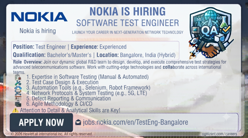 Nokia Recruitment 2026: Software Test Engineer (Experienced) | Bangalore (Hybrid)